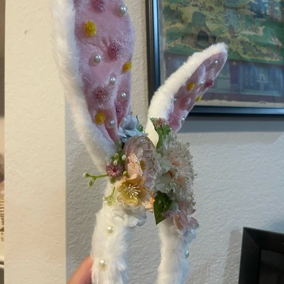 Floral Easter Ears / Bunny Ear Headband - Pink and White - Picture 4 of 5